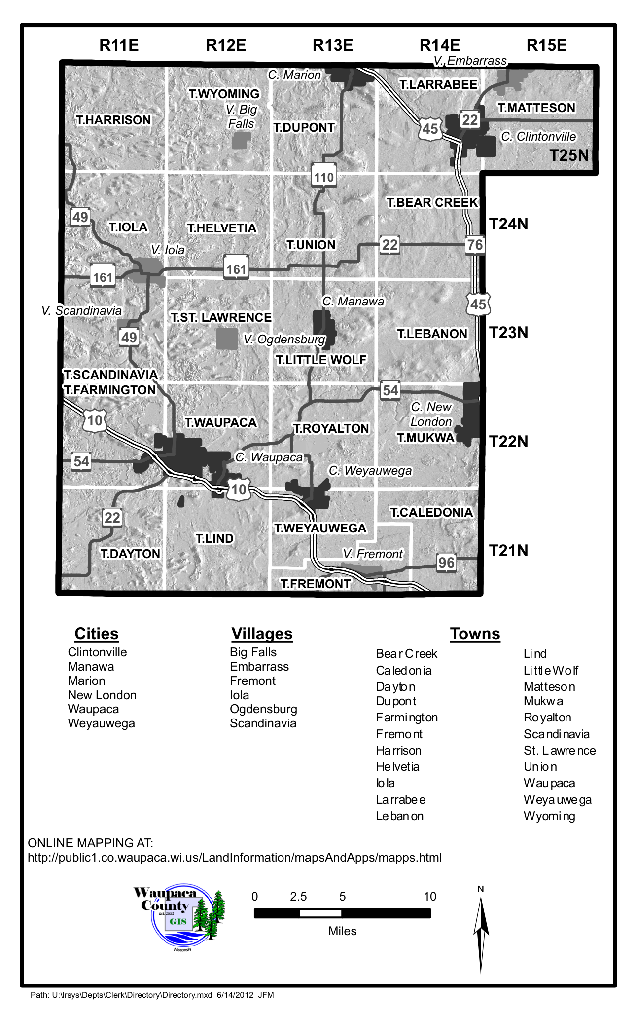 County Map with Cities, Villages and Towns Listed
